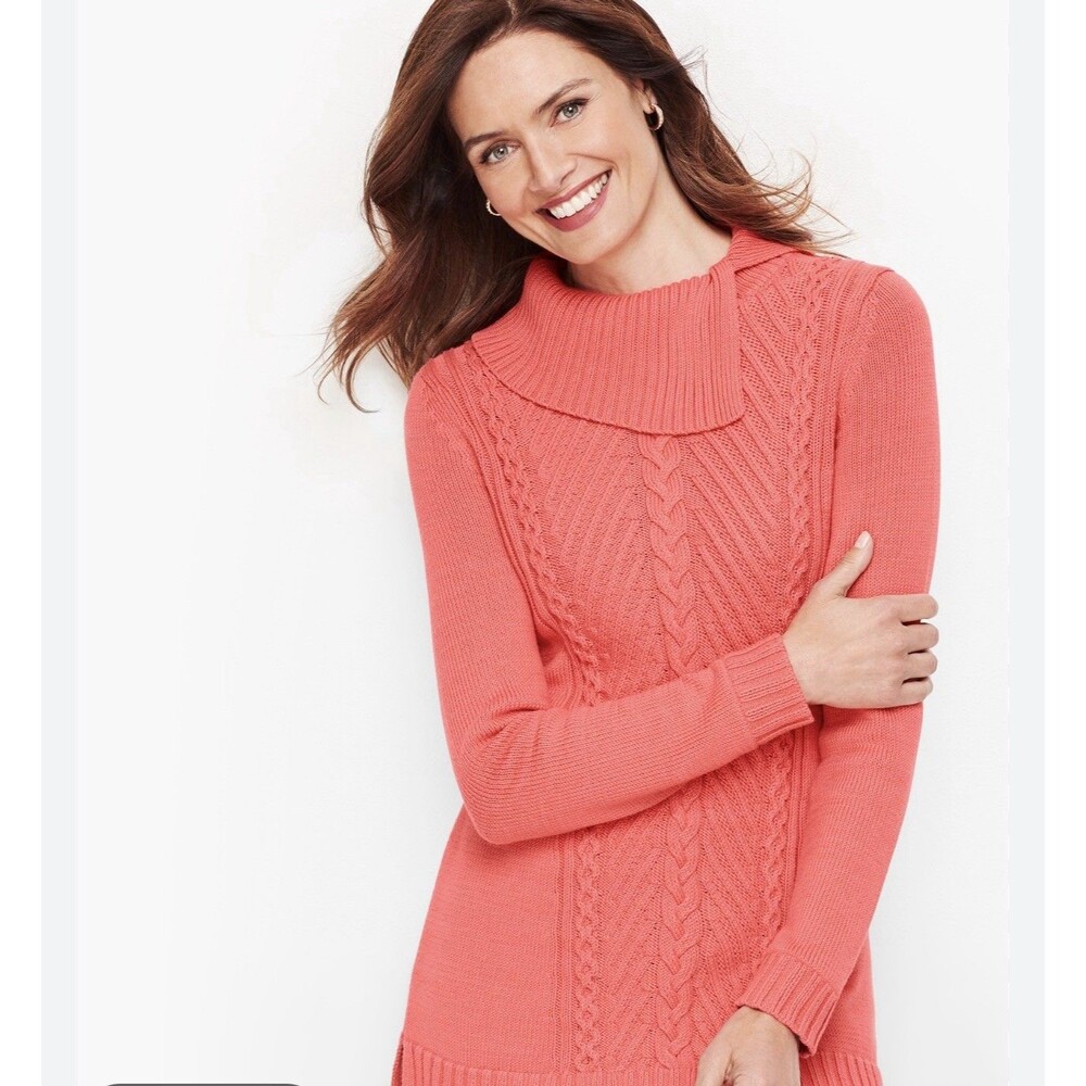 Talbots Sweater Women Medium Pink Pullover Asymmetrical Cowl Neck Cable Knit